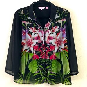 Ted Baker Sheer Floral Blouse Size 6/8 Black Lightweight Work Wear Office
